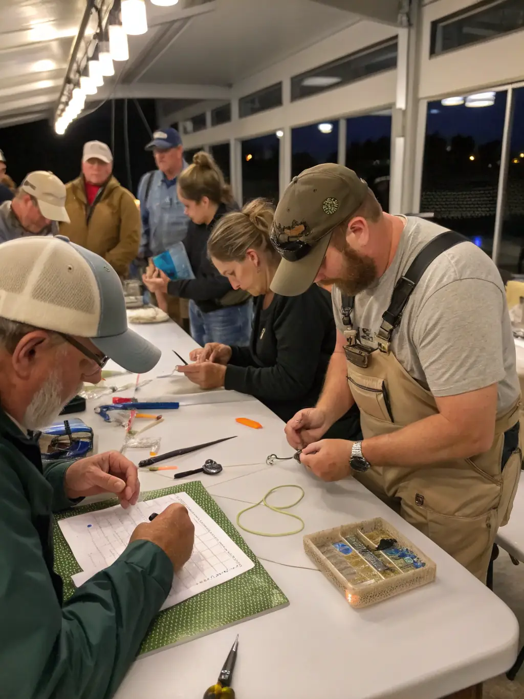 A workshop session on sustainable fishing practices, with participants learning about responsible angling techniques and conservation efforts.