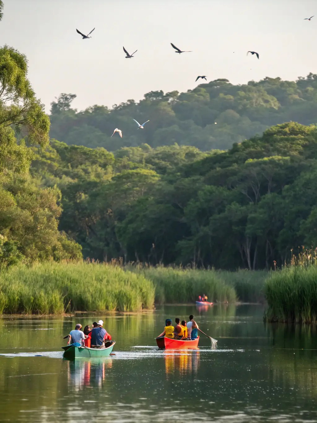 A lively image of a group of people enjoying a recreational activity, such as kayaking or hiking, organized by ASSOCIATION TOURBIERES ET LOISIRS.
