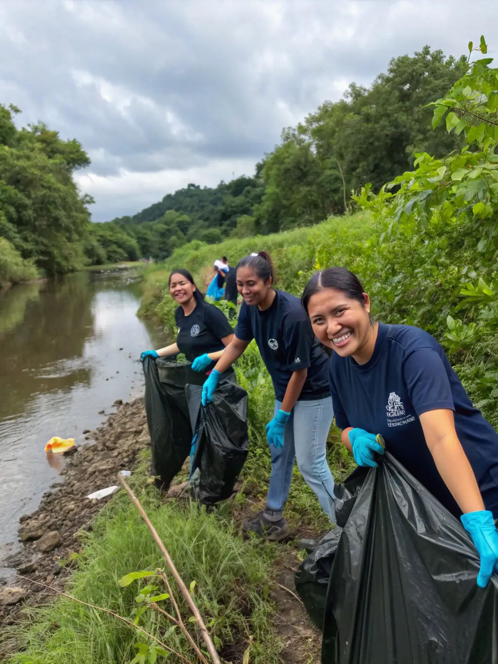 A picturesque scene of a community cleanup event around a local pond, with volunteers collecting litter and maintaining the natural beauty.