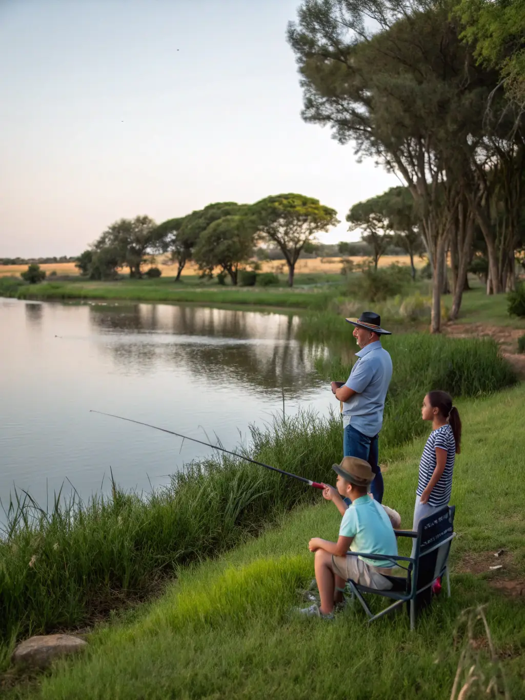 A family enjoying a fishing day at the communal pond, with fishing rods and picnic baskets, illustrating the recreational opportunities provided by the association.