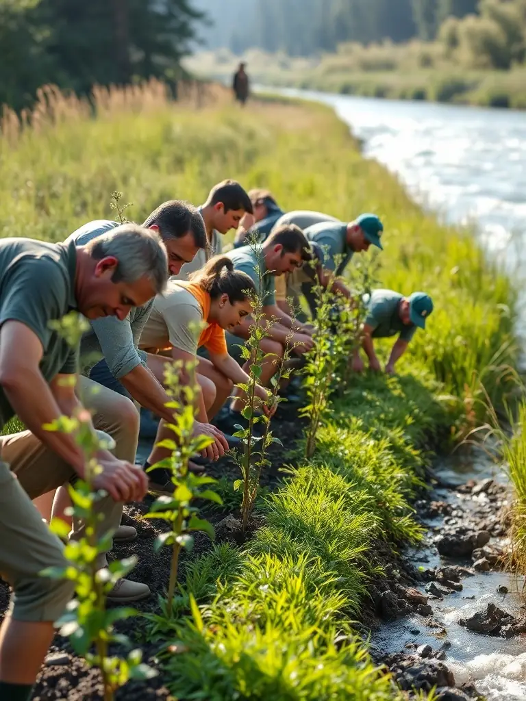 A group of volunteers planting native vegetation around the pond, enhancing the habitat and promoting biodiversity.