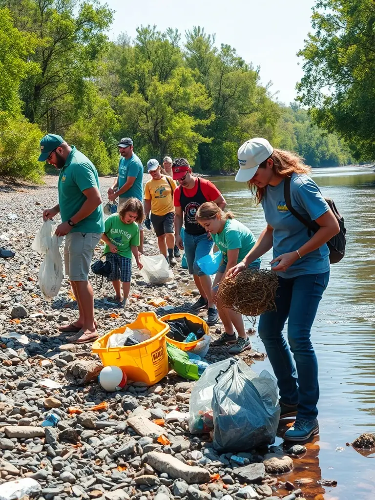 A photograph showcasing volunteers cleaning up the area around a communal pond, emphasizing the association's commitment to environmental conservation and community involvement.