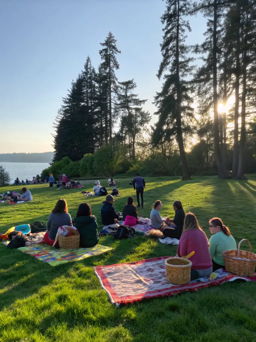 A photograph capturing a group of people enjoying a picnic by the pond, showcasing the association's efforts to promote social inclusion and community bonding through recreational activities.