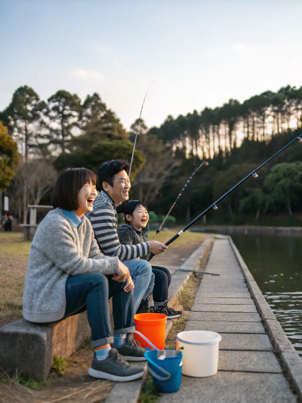 A photograph depicting a group of families participating in a fishing activity at one of the communal ponds managed by ASSOCIATION TOURBIERES ET LOISIRS. The image should convey a sense of community, enjoyment, and connection with nature.
